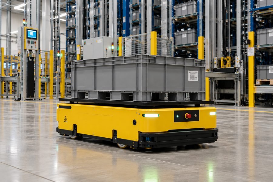 Yellow autonomous mobile robot carrying a grey bin through a warehouse aisle