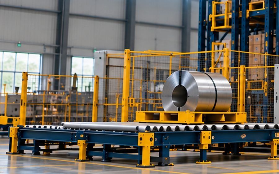 Steel coil on a floor conveyor input station