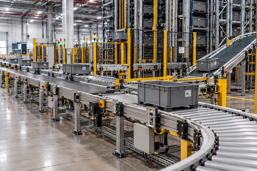 Long roller and belt conveyor line carrying grey bins toward automated racks