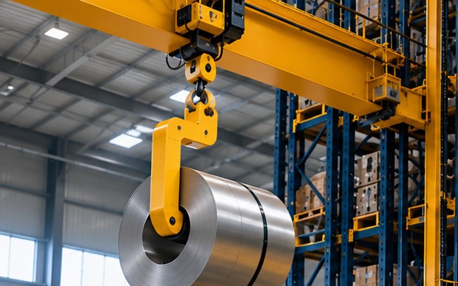 EOT crane lifting a steel coil with an L hook