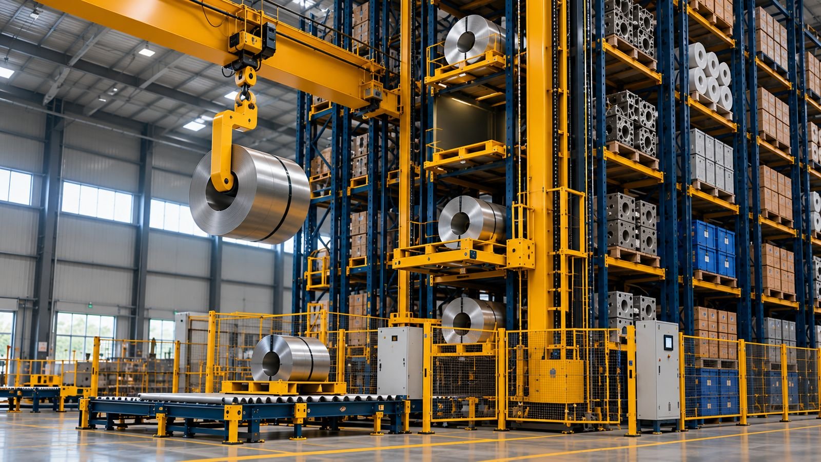 Automated vertical storage system with EOT crane lifting a steel coil beside high-rise racks