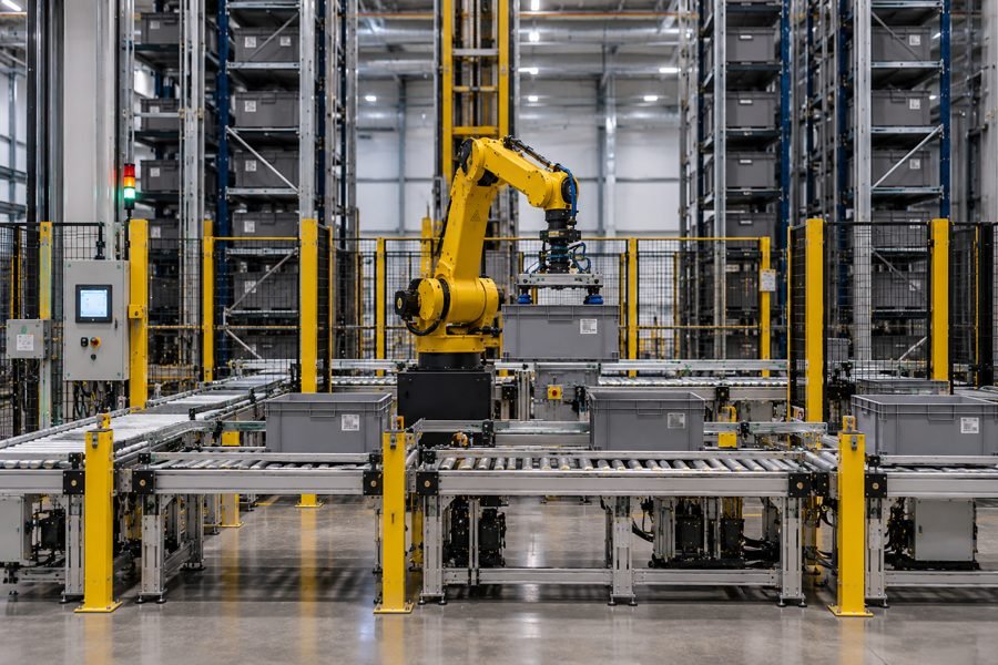 Yellow robotic arm placing a grey bin on a roller conveyor